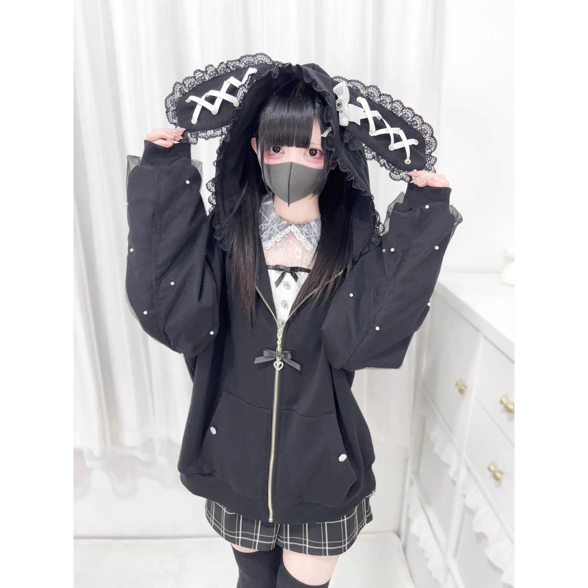 Vintage Japanese Subculture Jirai Kei Jacket Women Y2K Coat Lace Rabbit Ears Hoodie Gothic Sweatshirt Harajuku Halloween Cosplay