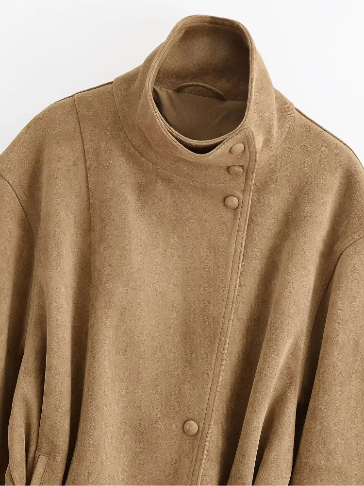 Women Brown Faux Suede Short Jacket Tie‑waist Long Sleeve Vintage Streetwear 2026 Lady New Autumn Winter Casual Outerwear Coat