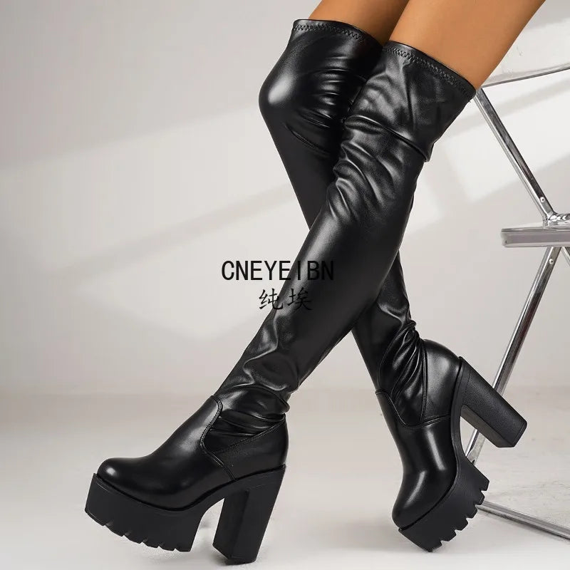 Women Platform Thigh High Over The Knee Boots Round Toe Chunky High Heel Side Zipper Leather Party Club Wear Stretch Long Boots