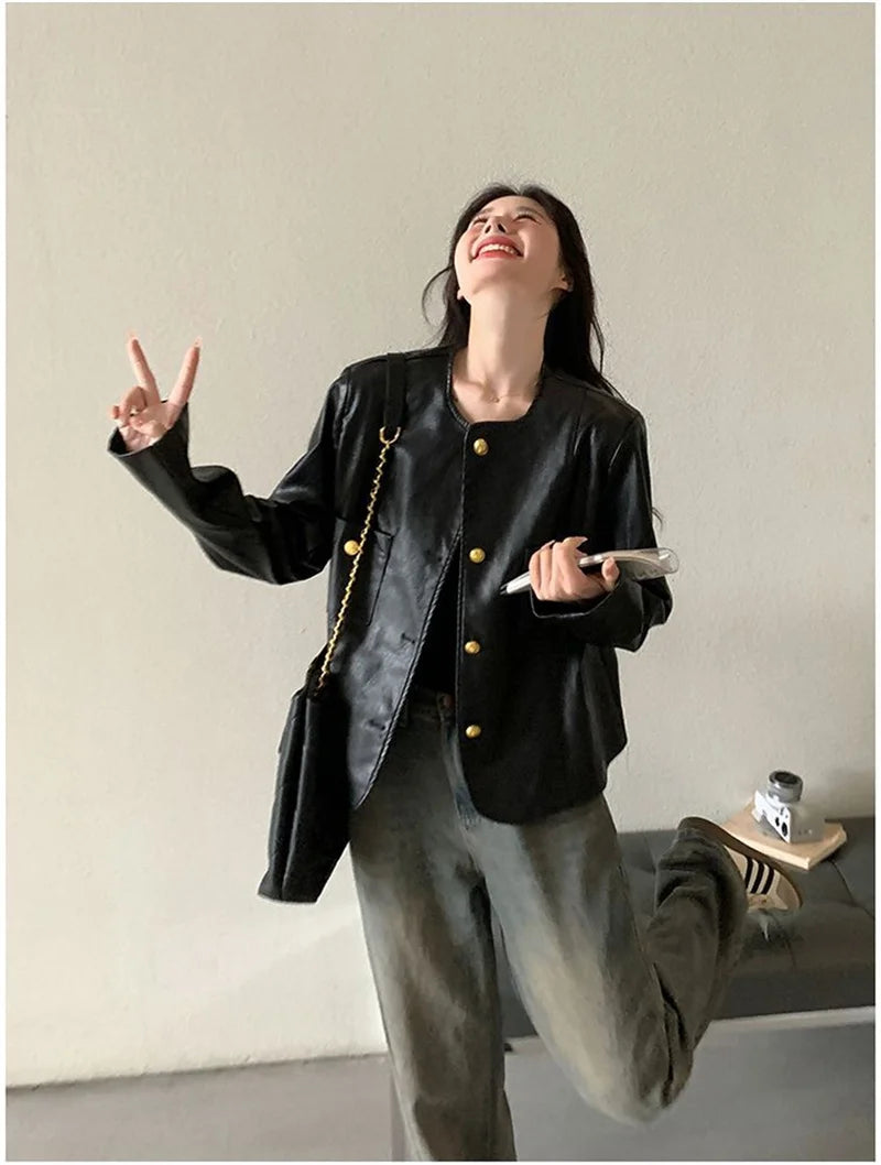 Small Fragrance Leather Jacket Women's Spring Autumn 2026New PU Leather Coat Lady Short High Sense Outerwear Popular Female Tops