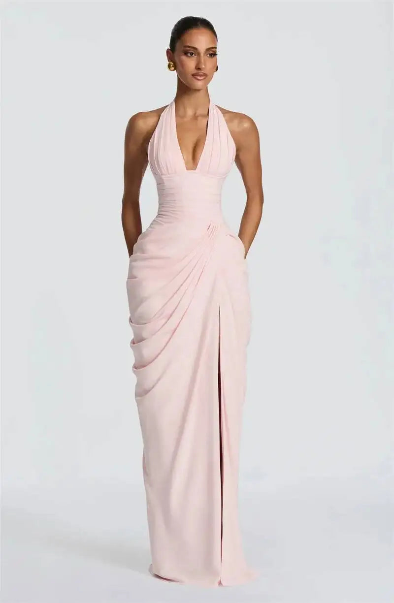 Mozision Wine Red Halter Deep V Maxi Dress Women Elegant Draped Ruched High Split Bodycon Cocktail Wedding Club Party Dresses