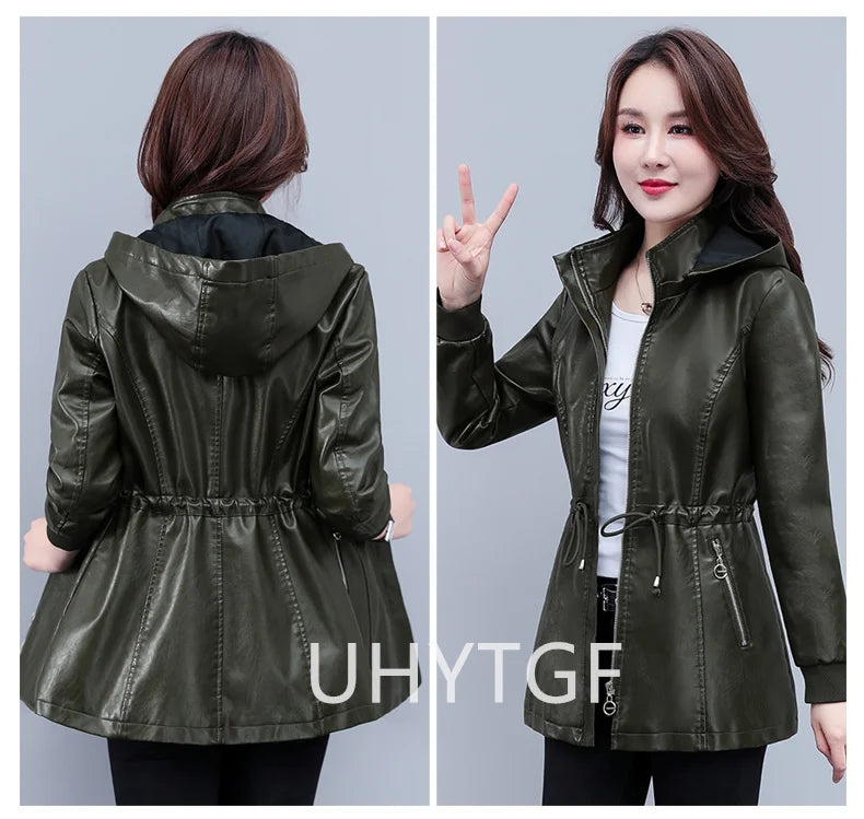 UHYTGF Fleece Winter Leather Female Quality Pu Leather Windbreaker Women Temperament Slim Warm 3XL Big Size Coat Deri Ceket 425