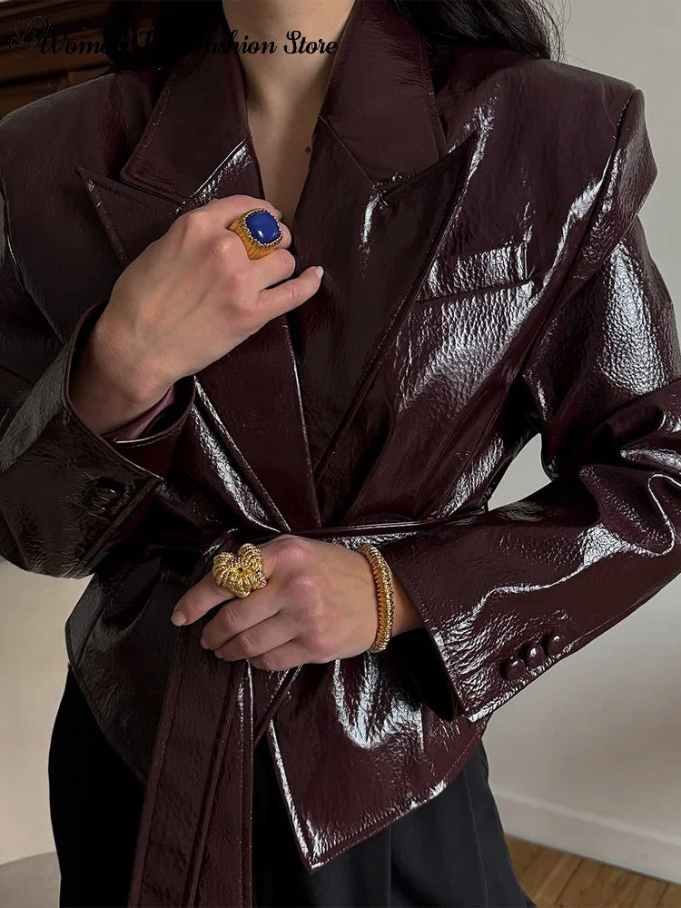 Glossy Lace-up Leather Jackets 2026 Autumn Female Lapel Shoulder Pad Full Sleeve Short Coat Women's Slim Waist-cinching Outwear