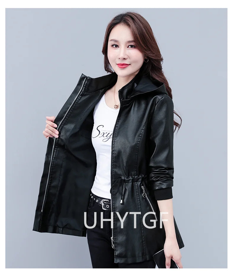 UHYTGF Fleece Winter Leather Female Quality Pu Leather Windbreaker Women Temperament Slim Warm 3XL Big Size Coat Deri Ceket 425