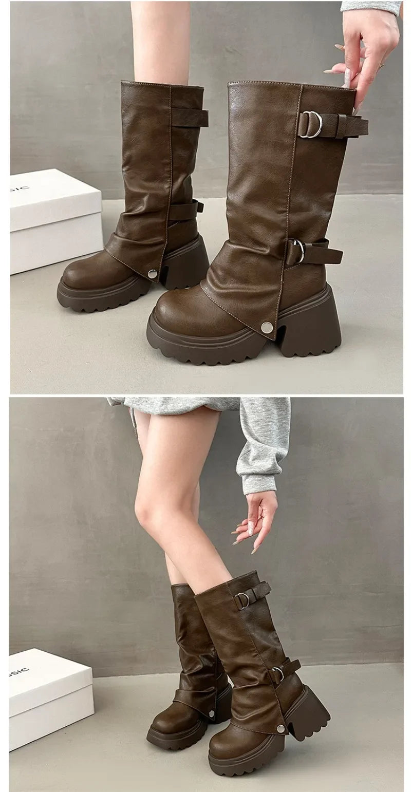 Shang Shi Black Thick High-heeled Thick Soled Boots for Women, 2026 New Winter Versatile Women's Zipper Slimming Pants Leg Boots