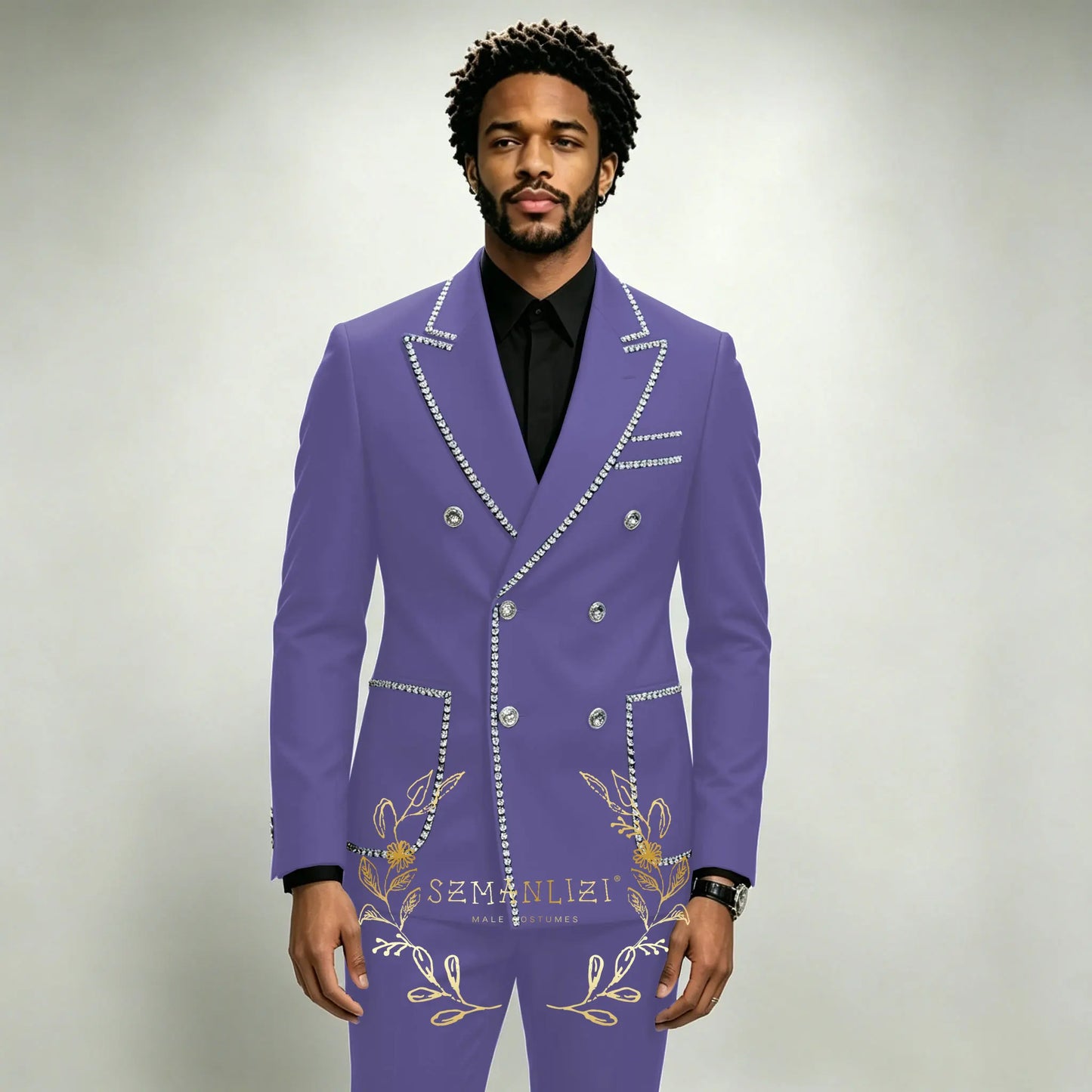 Luxury Men's Suits 2 Pieces Royal Blue Crystals Peaked Lapel Double Breasted Groom Wedding Tuxedo Wear Formal Party Prom Suits