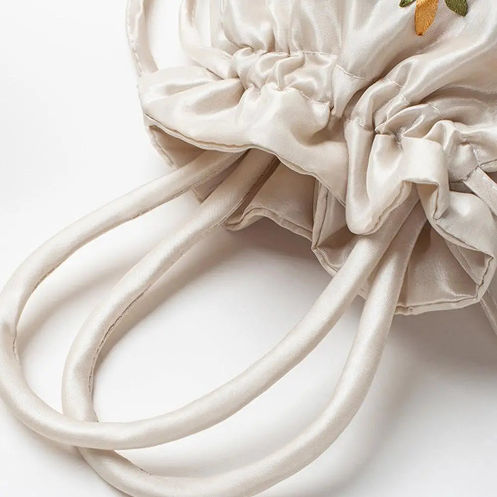 Women Bucket Bag Top Handle Ladies Handbag Phone Bag Summer Small Purse National Style Embroidered Flower Pattern Drawstring Bag