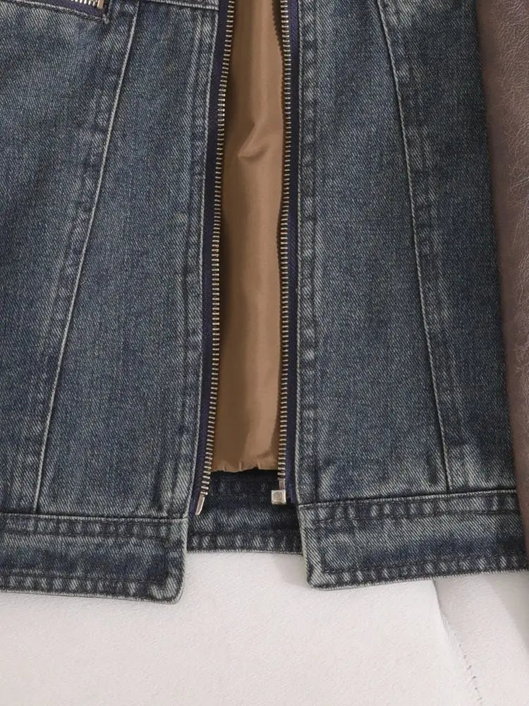 Women American Retro Denim Spliced Leather Jacket Women's 2026 Autumn New Models Are Popular This Year, Small Short Jackets