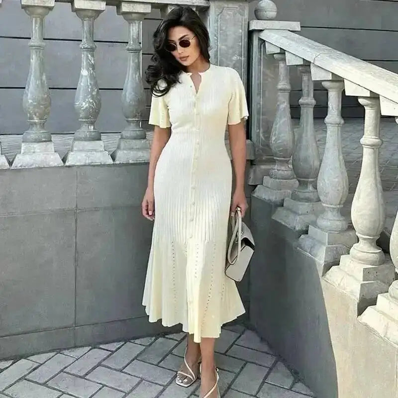 Elegant Knit Dress For Women White Slim O-neck Single Breasted Short Sleeve Long Dresses Female Spring Fashion Lady Robe T88X