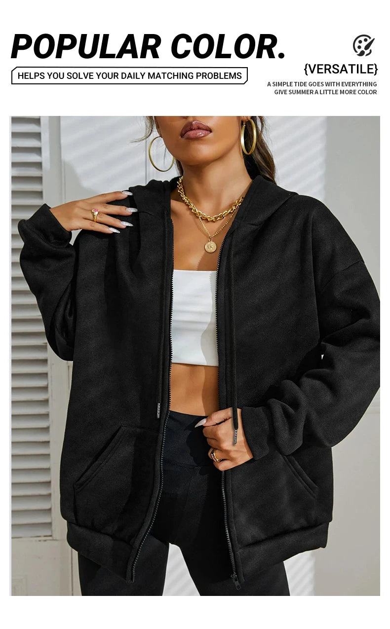 Womens Solid Color Zipper Hoodies Autumn Casual Sportswear Trendy Comfortable Long Sleeved All-Match Pocket Ziop-UP Hoody