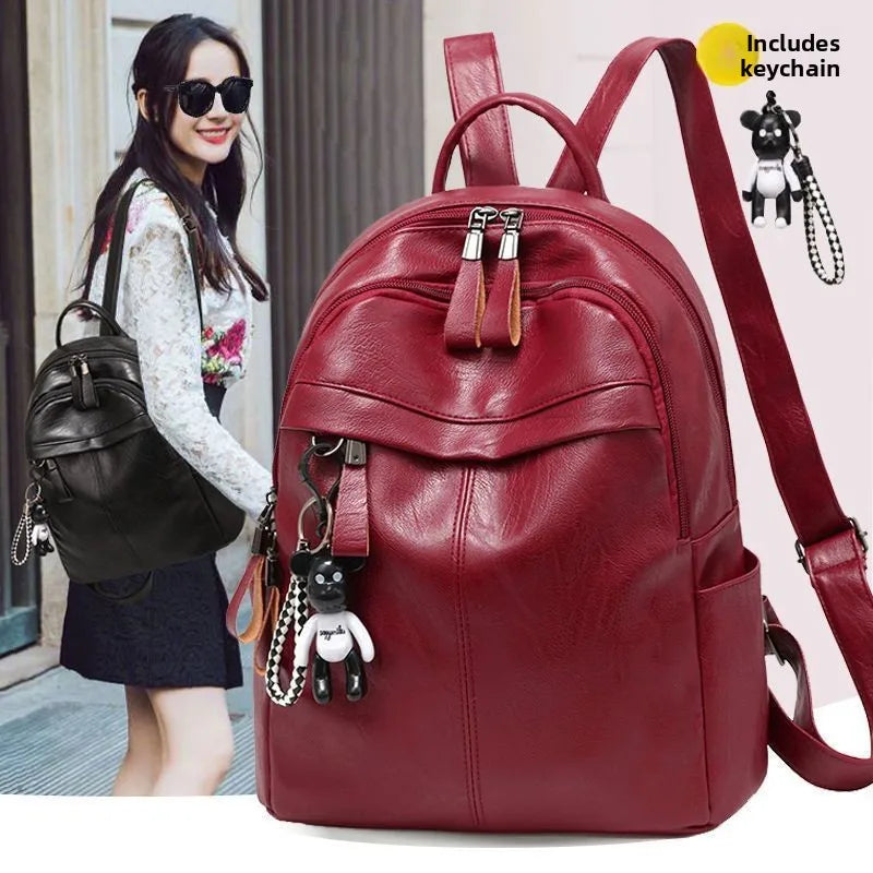 Women's Large Capacity Soft Leather Backpack Fashionable Street Style Travel Bag 2025 New Korean Version Trendy Ladies Bag