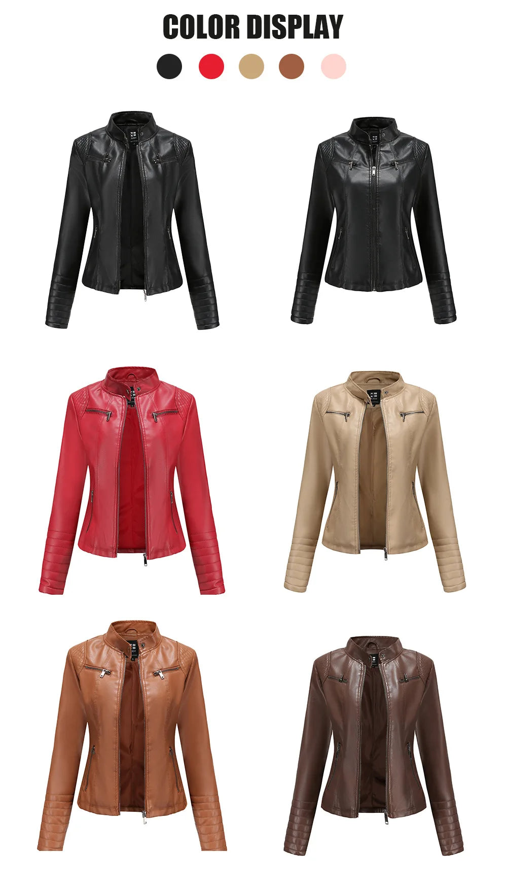 2026 New Women's Slim Leather Jacket, Stand-up Collar, Zipper Stitching, Monochromatic PU Coat, Fashion Clothing.