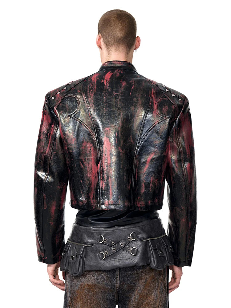 Mauroicardi Spring Autumn Short Pu Leather Motorcycle Jacket Men Rivet Zipper Shoulder Pads Luxury Designer Streetwear Clothing