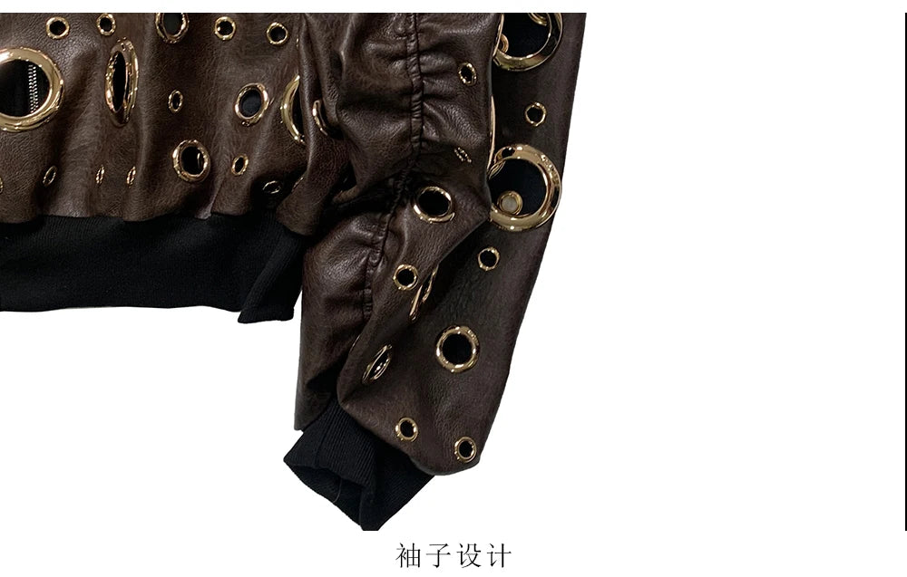 Nerazzurri Autumn Oversized Hollow Out Gold Pu Leather Jacket Men with Hood Hole Luxury Fake 2 Pieces Emo Menswear Clothing 2025