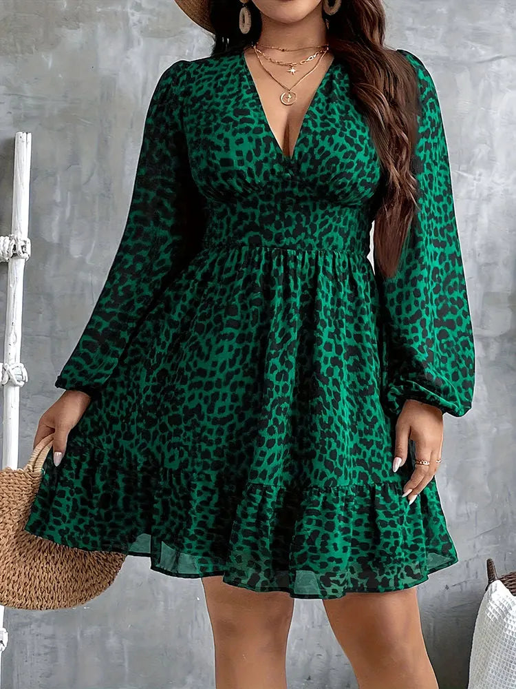 New Sexy V-Neck Leopard Print Long-Sleeve Dress Plus Size Women Clothing American Slim A-Line Skirt Elegant Party Evening Dress