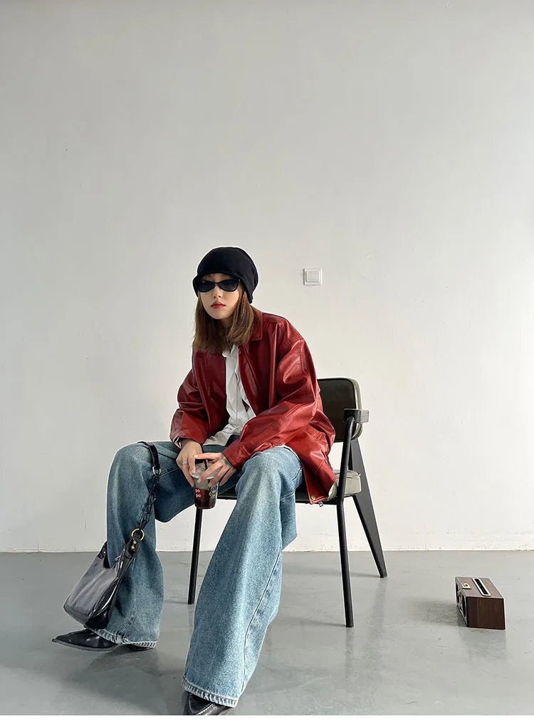 Punk Vintage Red Leather Jacket Women Streetwear Moto Biker Zipper Leather Jacket Female Winter High Street Chic Leather Coat