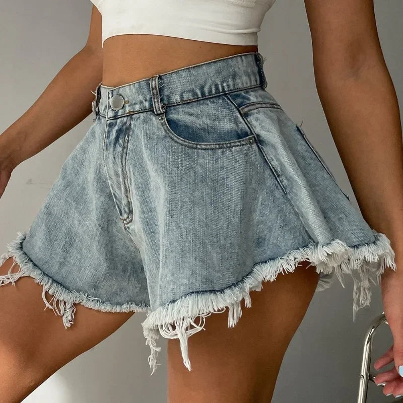 Wide Leg Shorts Women Y2k Denim Frayed Sexy Girls High Waist Hotsweet All-match Vintage Fashion Pockets European Style Females