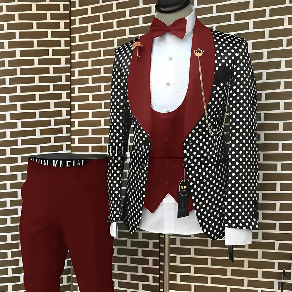 Spotted Men's Suit 3 Piece Set Wedding Groom Tuxedo Custom Slim Fit Blazer Pants Vest Men's Elegant Suit