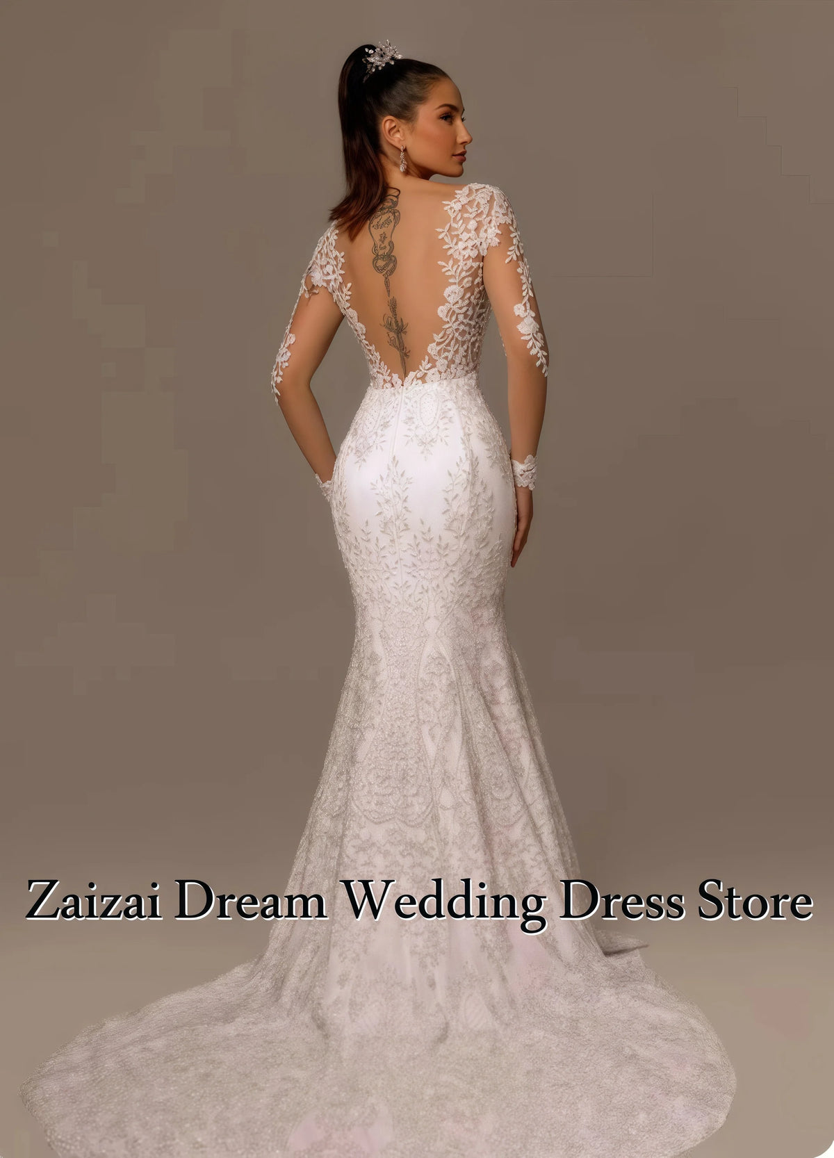 Customized Elegant O-Neck Buttons Up Back Long Sleeve Beading Appliques Mermaid Wedding Dress Vestido De Noiva