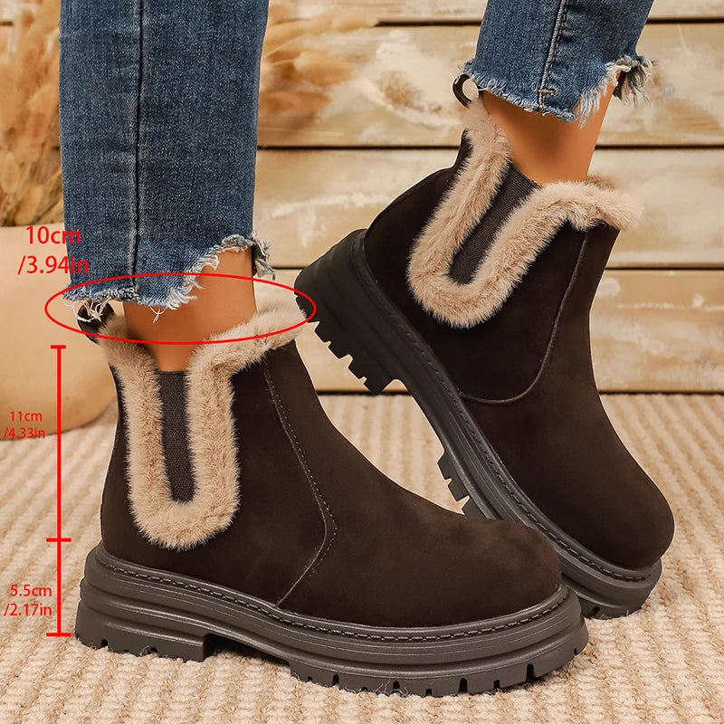 Thick Sole Fur Winter Ankle Boots Women 2026 Slip On Non Slip Plush Short Booties Mujer Plus Size 43 Platform Suede Boots Female