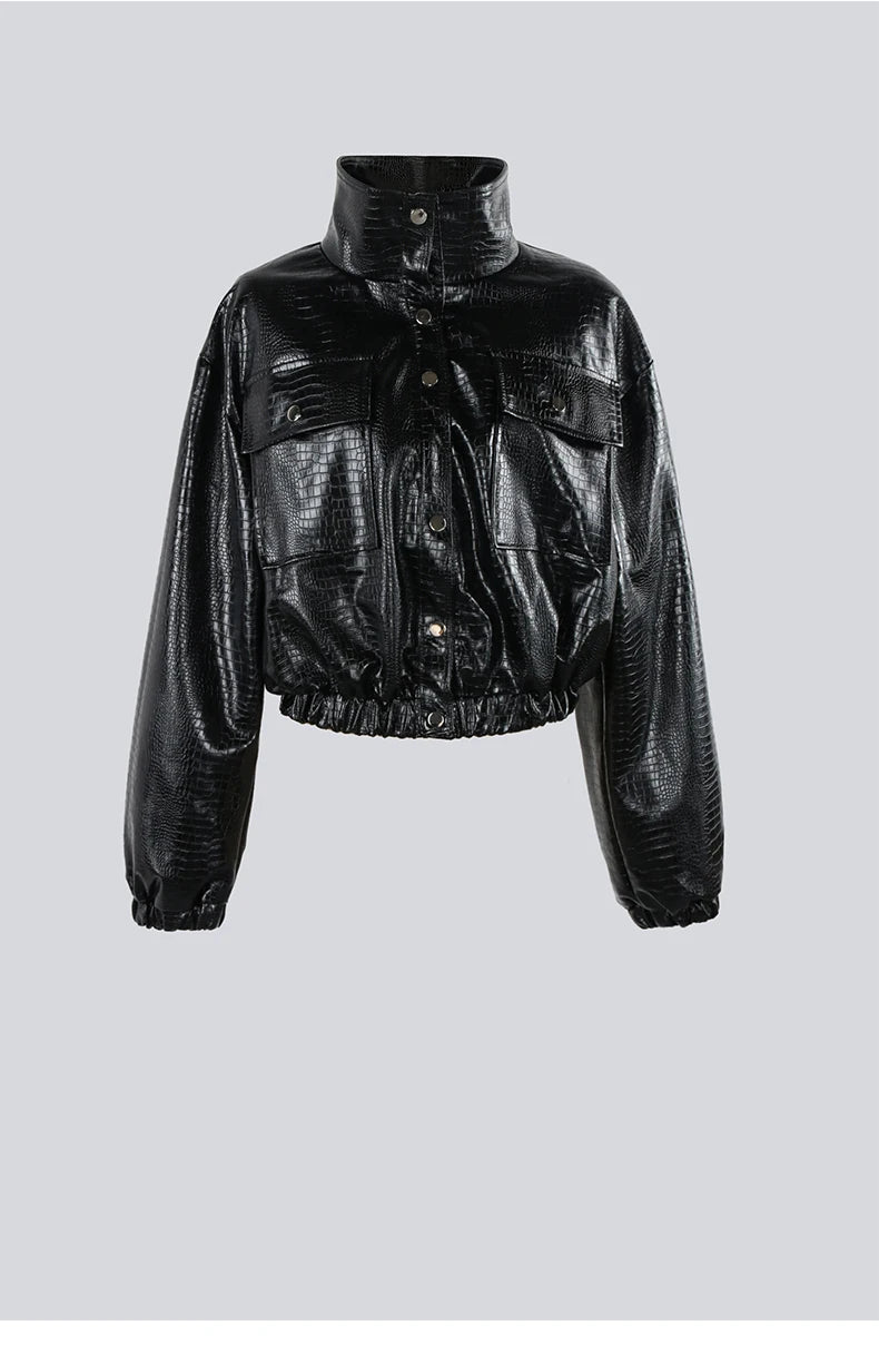 Mauroicardi Spring Autumn Short Black Brown Crocodile Print Faux Leather Jacket Women Stand Collar Button Up Luxury Clothes 2025