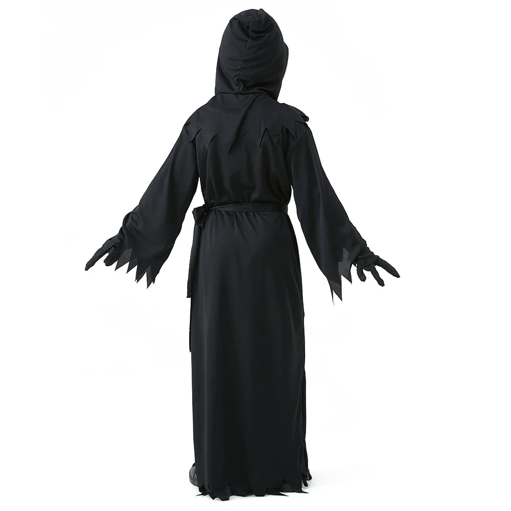 Halloween Grim Reaper Horror Costume Black Hooded Spooky Ghost Robe Dress Up Costume Adult Cosplay Mask Scythe Prop Party