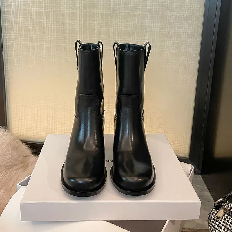 Arden Furtado Autumn Cowhide Knee High Boots Round Toe Pull-On Chunky Heels Riding Boots British Style Large Size Boots