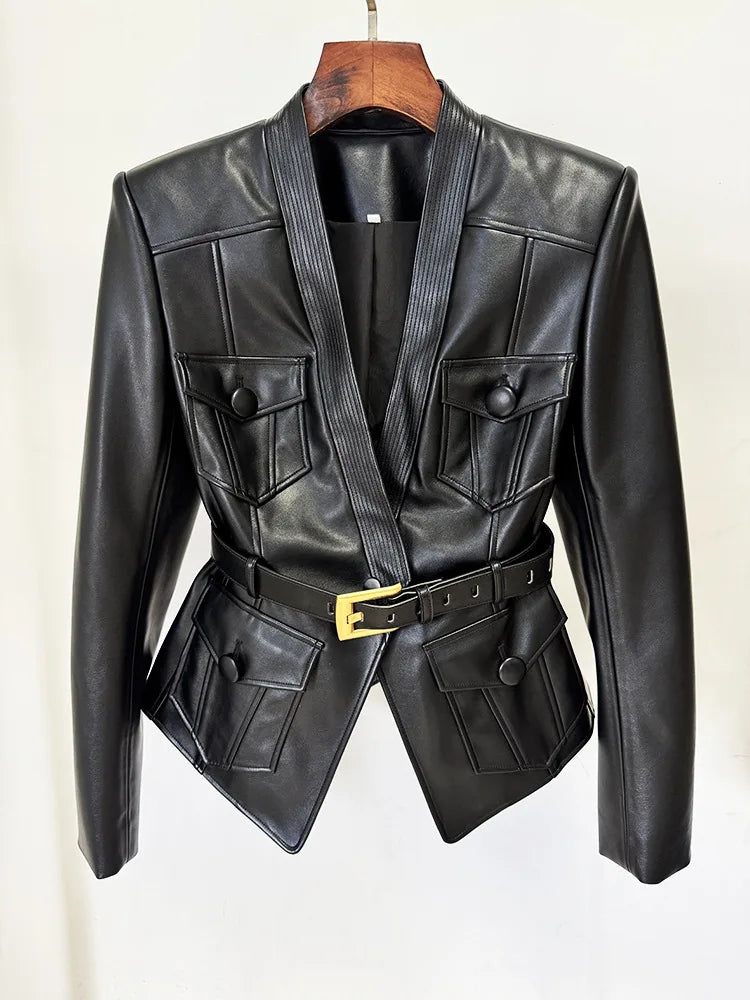 2026 new luxury and fashionable women's clothing belt slim fit leather jacket with multiple pockets motorcycle fashion jacket