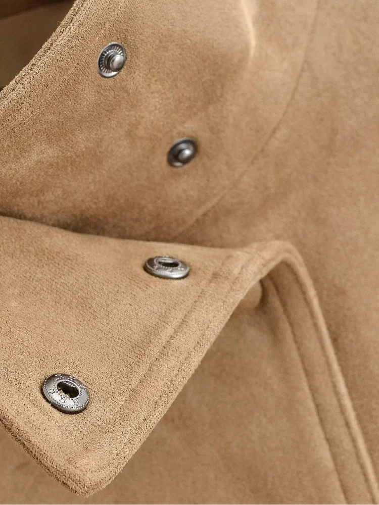 Women Brown Faux Suede Short Jacket Tie‑waist Long Sleeve Vintage Streetwear 2026 Lady New Autumn Winter Casual Outerwear Coat