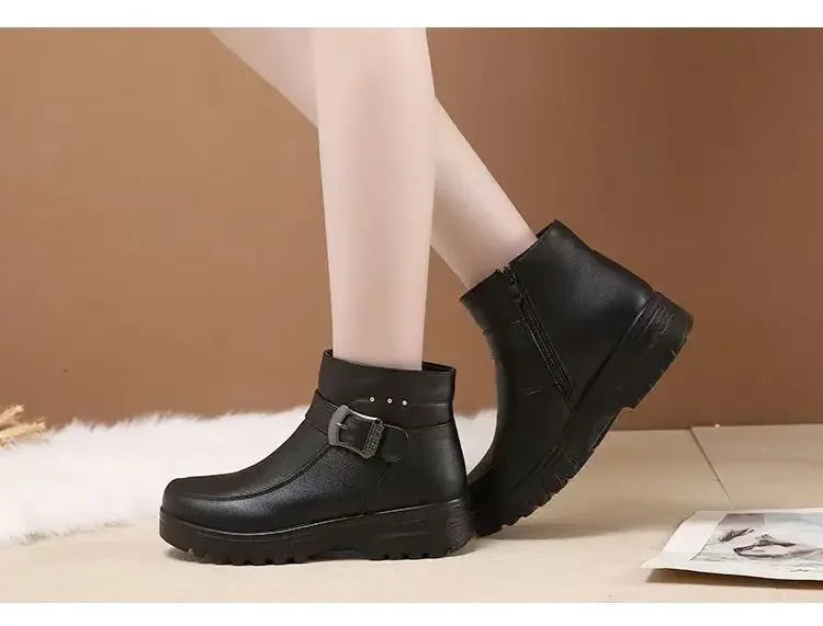 2024 Fashion Winter Women Pu Leather Ankle Boots Female Thick Plush Warm Snow Boots Mother Waterproof Non-slip Booties