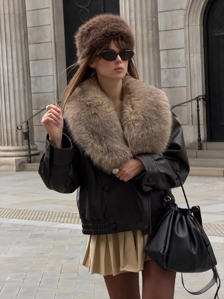 Women Collar Faux Fur Leather Jacket Pebbled Pu Cropped Coat Double Breasted Epaulet Loose Vintage  2026 Autumn Trendy Outerwear