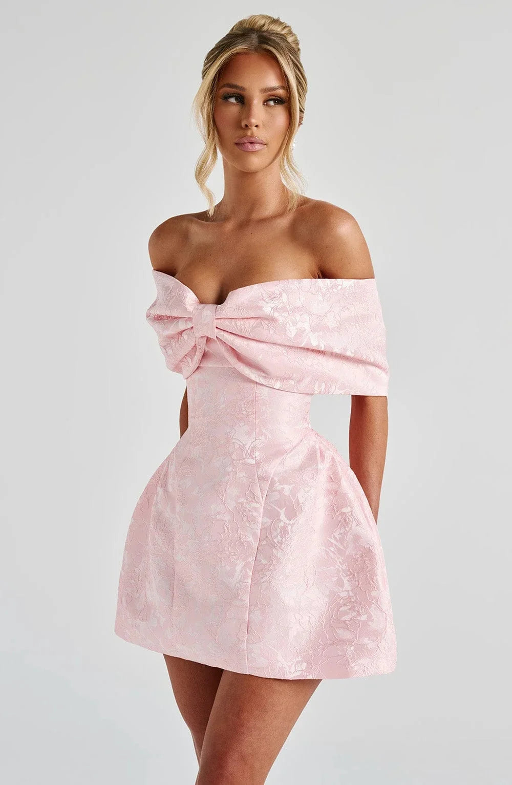 Pink Big Bow Jacquard Prom Dress Off Shoulder Women Formal Evening Gowns Fitted Mini Skirt For Wedding Cocktail Party