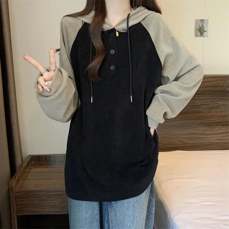 Women Clothing Fashion Casual Long Sleeve Hoodies Spring Autumn Loose Lazy Style Top Tee Office Lady Button Patchwork Pullover