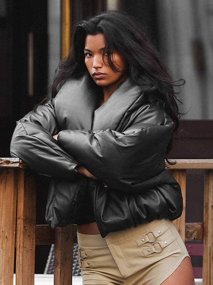 Kliou Faux Leather Puffer Coats Woman Winter Warm Trend Stand Collar Full Sleeve High Street Casual Fashion Style Crop Jacket