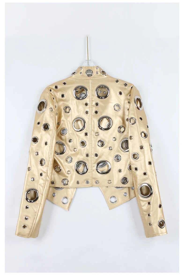 Nerazzurri Spring Autumn Short Hollow Out Pu Leather Jacket Women Rivet Cool Stylish Luxury Designer Clothes Runway Fashion 2024