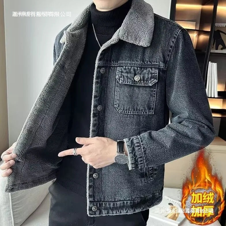 Men's Denim Jacket with Added Insulation and Thickening for Winter, Lamb Fur Lining, Durable Work Collar, Casual Jacket