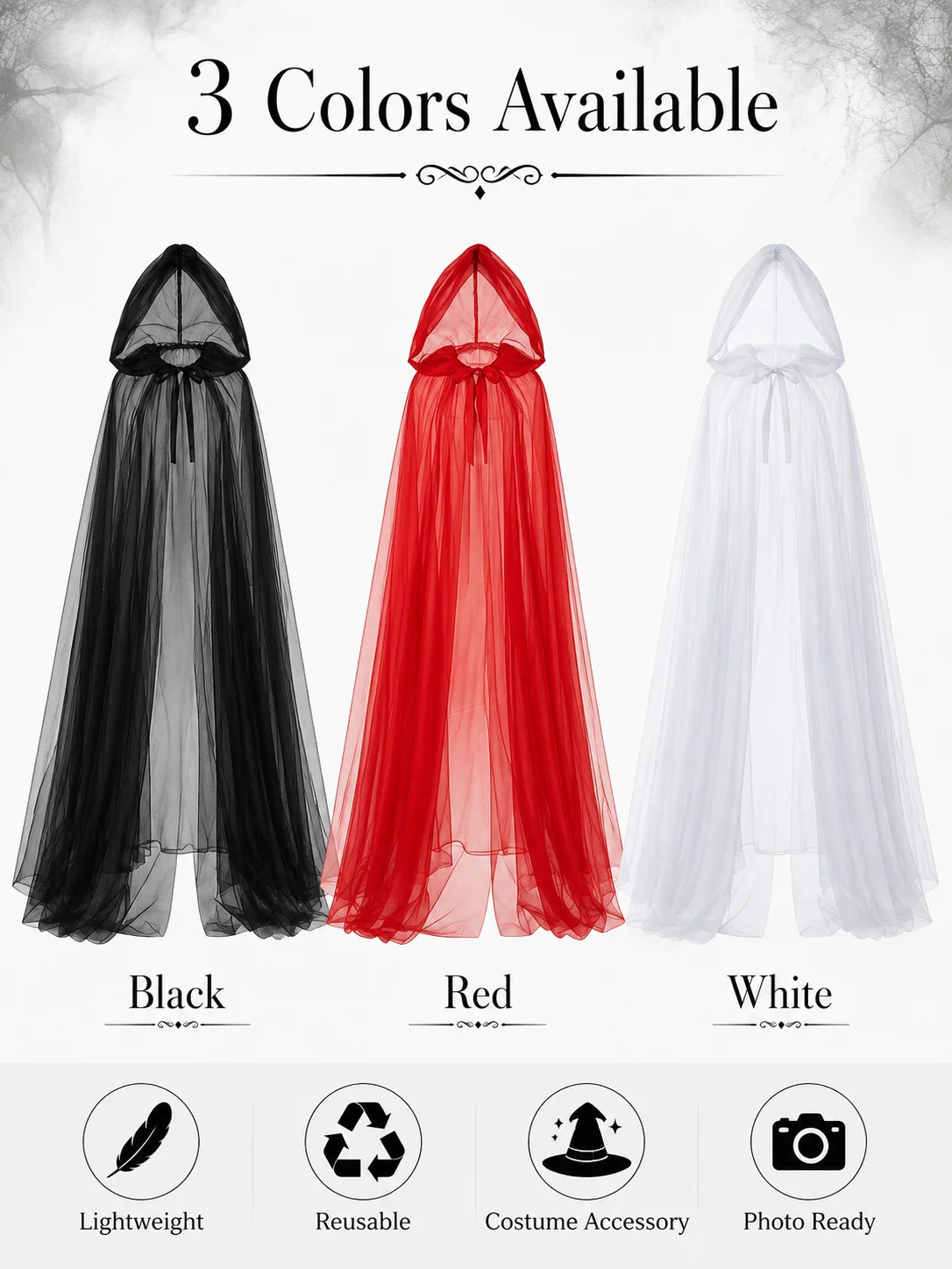 Sheer Tulle Hooded Full‑Length Cape for Women, Lightweight Flowy Gothic Cloak with Neck Tie, Halloween Witch Vampire Cosplay Costume Accessory for Fancy Dress Party Photo Shoot