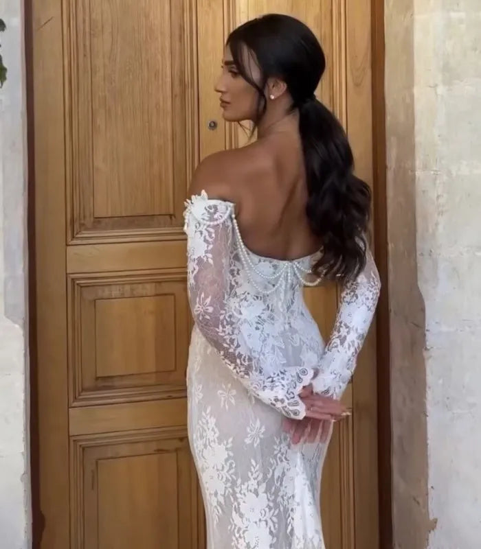 Fashion Lace Pearl Mermaid Wedding Dress Long Sleeve Elegant Off The Shoulder Boho Sexy Bridal Dresses