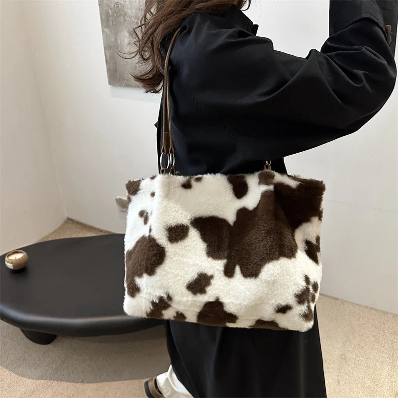 Cow Pattern Plush Shoulder Bag for Women Winter Fashion Purse Handbags Soft Warm Fur Female Casual Messenger Bags