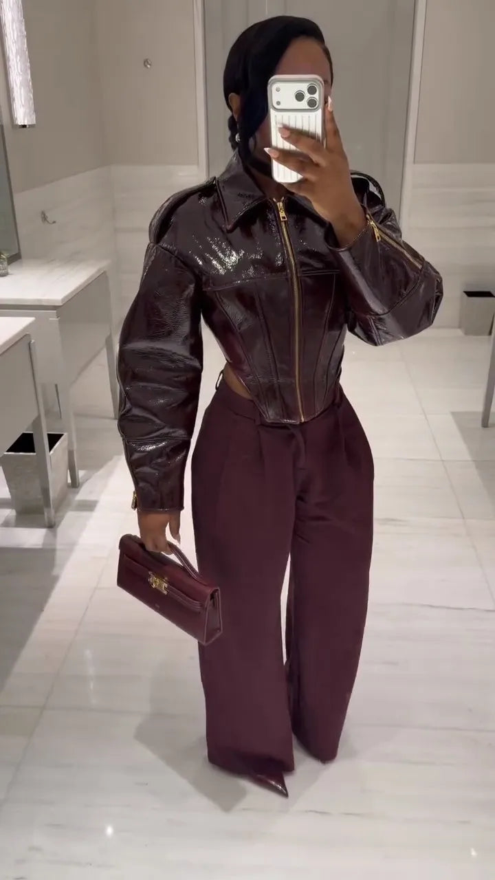 Fashion Coated Cinched-waist Leather Jacket Women Retro Lapel Full Sleeve Zipper Fishbone Coats 2026 Lady Daily Highstreet Coat