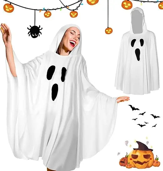 Ghost Costume For Adults, White Ghost Poncho Hooded Cape, Spooky Halloween Costume For Women/MAN