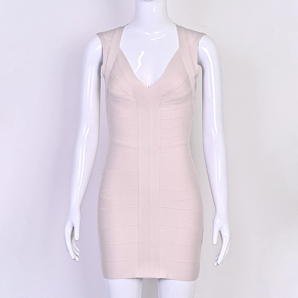 BEAUKEY Luxury Sexy Plunge V Bandage Dress Stripes Slim Bodyocn Mini Party Celebrity Evening Dress Elastic Knitted Vestidos