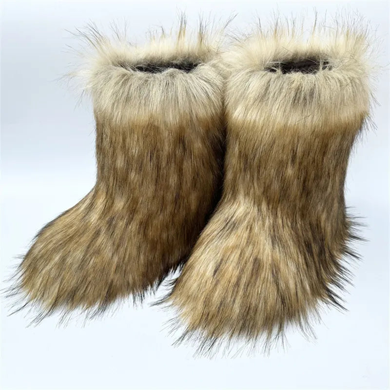 Cute High Quality Faux Raccoon Fox Fur Shibuya Gal Thickened Plus Size Mid-Calf Faux Fur Warm Winter Snow Boots for Women