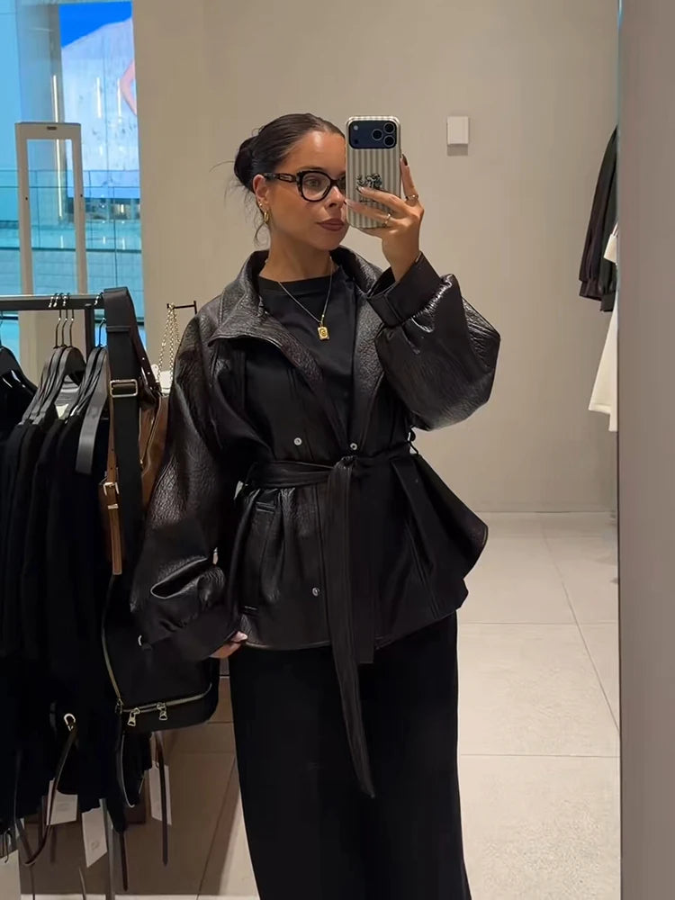 Casual Leather Jackets Women High Neck Long Sleeves Single Breasted Belts Loose Pu Coats Female 2026 Autumn New Chic Outwears