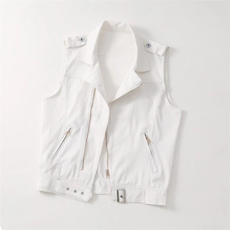 2025 New Women's Denim Tank Top Jacket Fashion Spring Summer Zipper White Sleeveless Tank Tops Female Jeans Coat