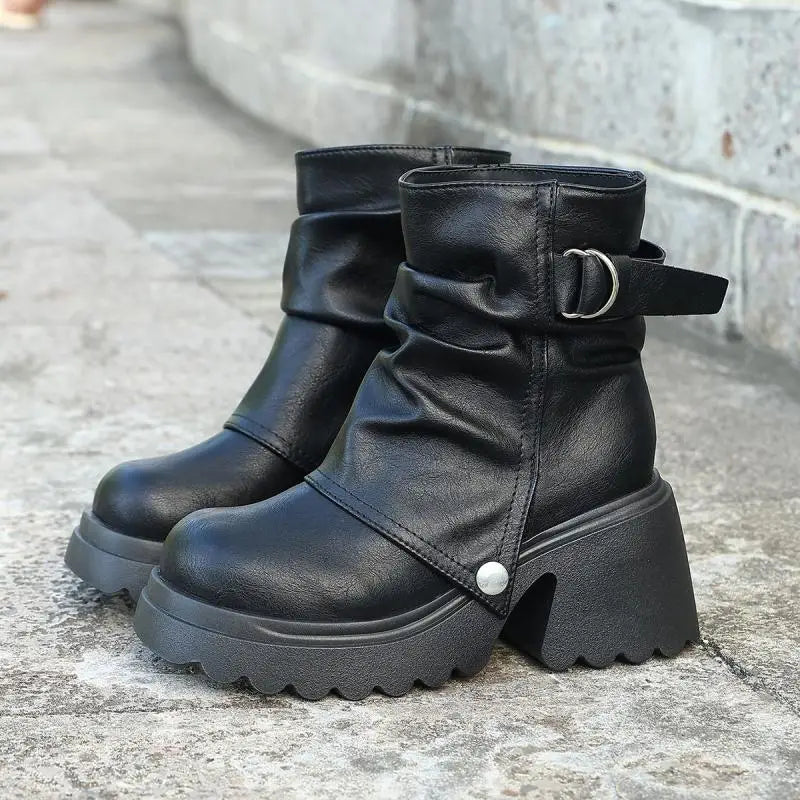 Gothic Chunky Platform Black Ankle Boots Women 2025 Autumn Punk Metal Belt Buckle Thick Bottom Short Boots Woman's Y2K Shoes 43