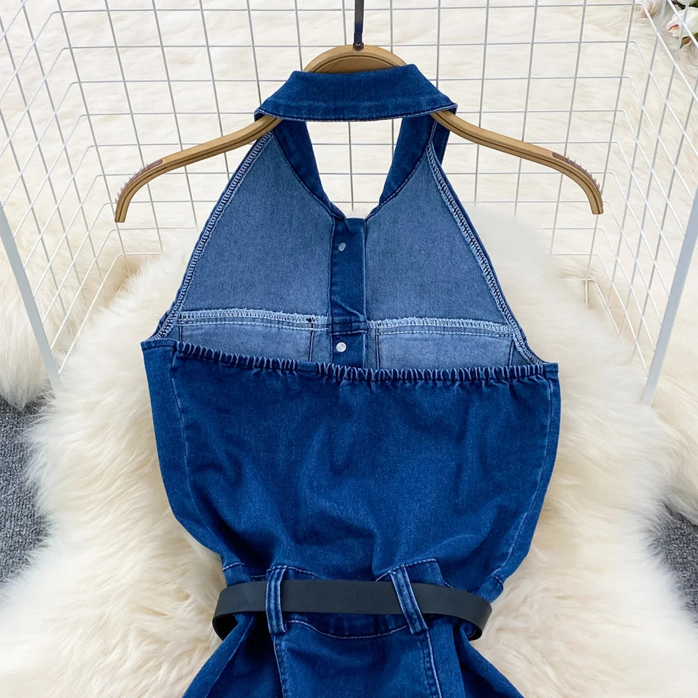 Denim Dress Women Sexy Long Dresses Vintage Vestidos A Line Sleeveless Backless Single Breasted Pockets 2025 Summer Sundress