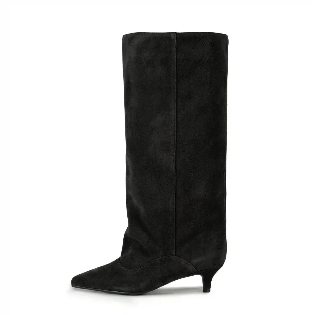 Women's Spring and Autumn New Cat Heel Wide Knee Knee Boots Fashion Pointed Women's Low Heel Mid Heeled Boots