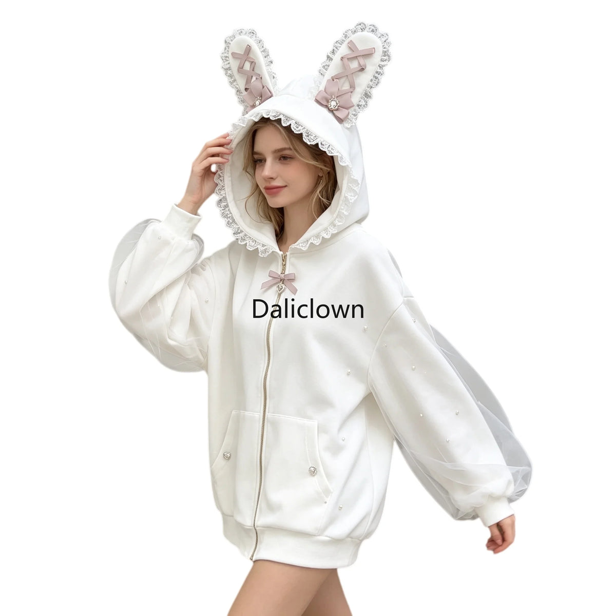 Vintage Japanese Subculture Jirai Kei Jacket Women Y2K Coat Lace Rabbit Ears Hoodie Gothic Sweatshirt Harajuku Halloween Cosplay