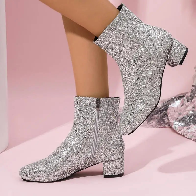 Luxury Sequin Fabric Ankle Boots Women 2026 Autumn Designer Square Toe Side Zip Short Boots Sexy Shiny Medium Heel Party Shoes